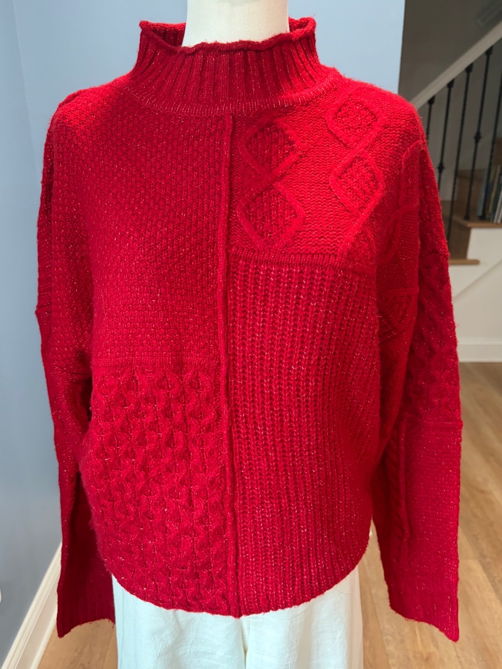 American Eagle Red Patchwork Cable Knit Mock Neck Sweater Small